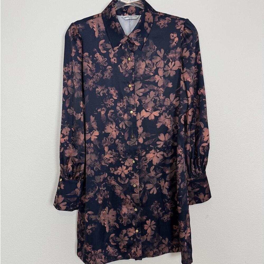 Amanda Uprichard Blouse Dress Womens Medium Blue Floral Satin Fall Stretch